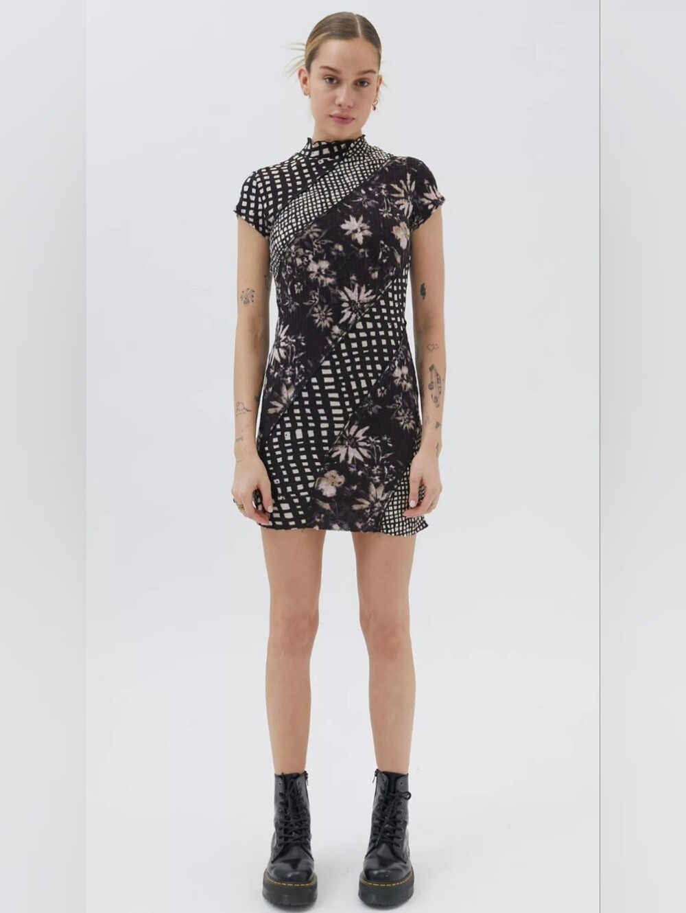 Urban Outfitters Y2K Grunge Nina Mock Neck Patchwork Bodycon Mini Dress, Size L